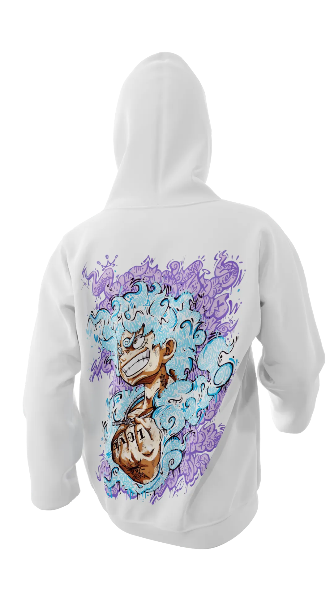 Hoodie blanc avec design en réalité augmentée "Luffy GraffV" par Oskunk.