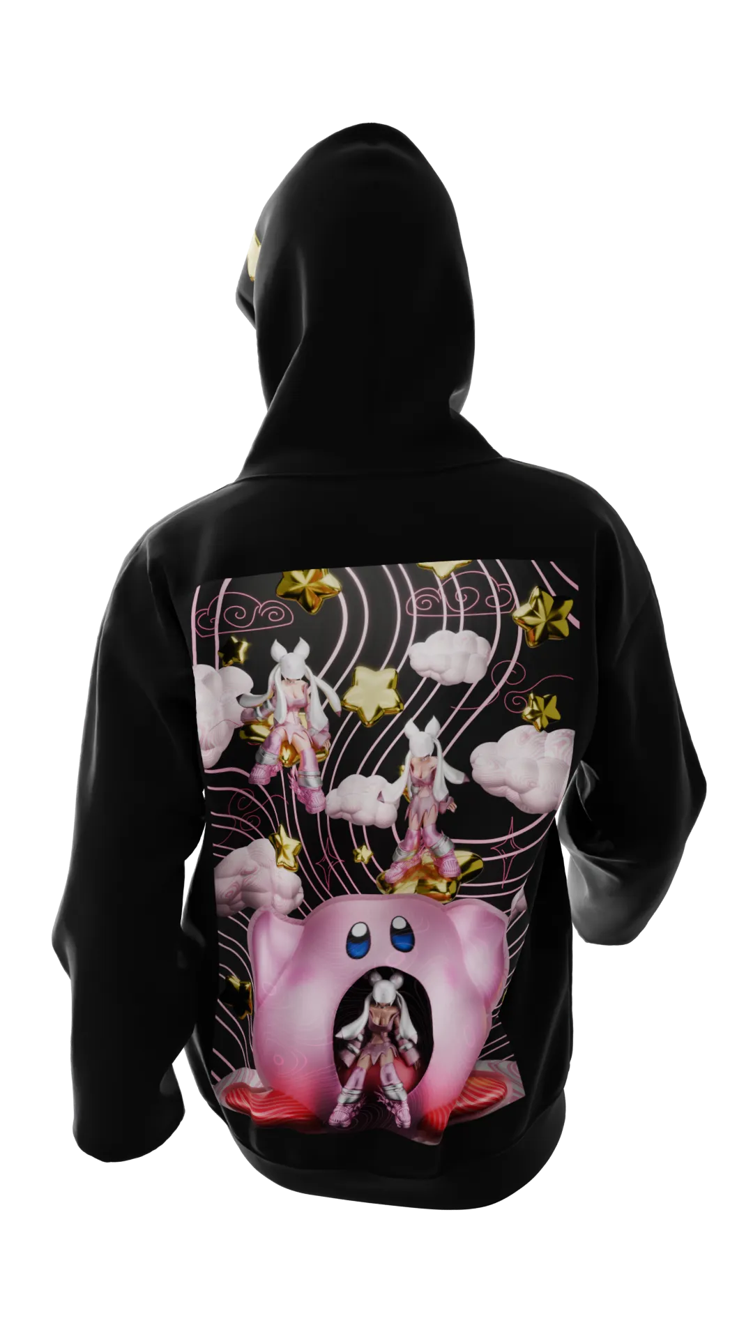 Hoodie noir en réalité augmentée mettant en avant le design "Foxyverse" Kirby, création Adry Foxy.