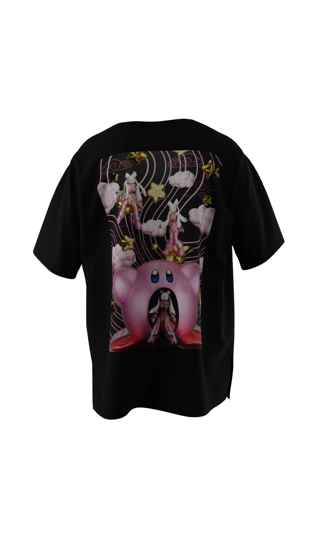T-shirt noir en réalité augmentée avec le design "Foxyverse" Kirby par Adry Foxy.